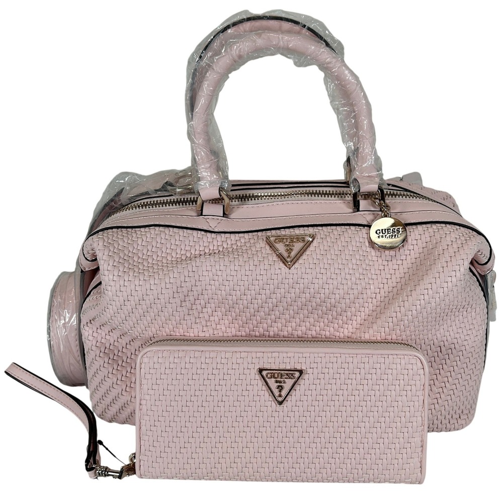 Guess Los Angeles Pink Woven Satchel Bag and Matching Wallet Set NEW